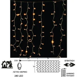 ΚΟΥΡΤΙΝΑ 240LED 2Χ1m ΘΕΡΜΟ ΛΕΥΚΟ ΜΕ ΔΙΑΦΑΝΟ ΚΑΛΩΔΙΟ ΜΕ ΕΠΕΚΤΑΣΗ 31V EUROLAMP 600-11363